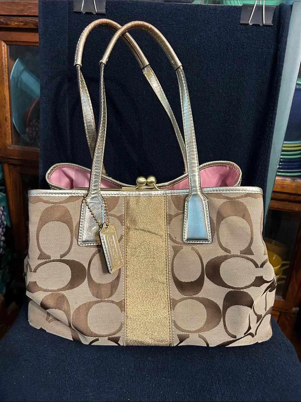 Coach Signature Monogram Canvas Tote w Gold Metallic Trim, Leather Straps